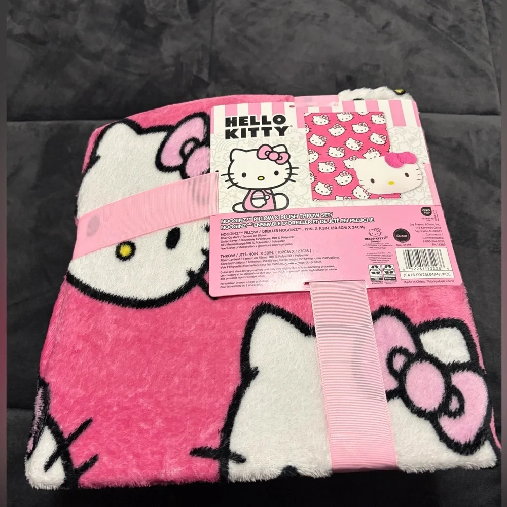 New Hello Kitty Plush Pillow and Blanket Set - White & Pink - Sanrio